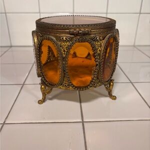 Vintage Ormolu Filigree Jewelry Casket Box Amber Glass Footed Trinket 9 Panels